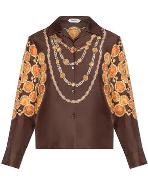 Versace Overhemden ,Bruin ,Leer Gedrukt Zijden Twill Overhemd