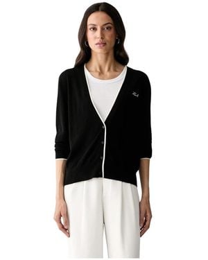 KARL LAGERFELD Logo-Bestickte Merinowoll-Strickjacke - Schwarz