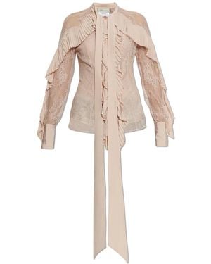 Blumarine Overhemden ,Roze ,Leer Kanten Blouse Met Strik Bij De Halslijn - Naturel