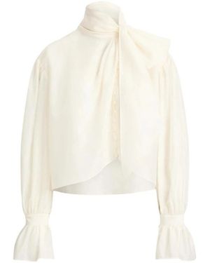 Ralph Lauren Overhemden ,Wit ,Strik-Hals Blouse Van Sheer Stof