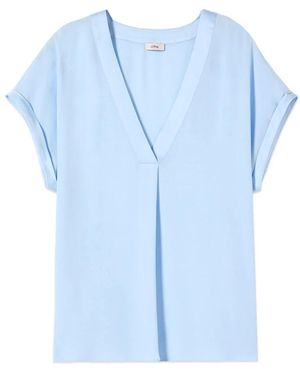 Oltre Viskose Crêpe Bluse Mit V-Ausschnitt - Blau