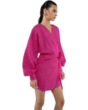 ACTUALEE Fuchsia Leinen Kreuz-Knopf Langarm Kleid - Pink