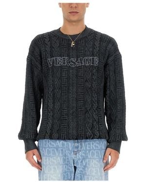 Versace Truien & Vesten ,Grijs ,Katoen Knit Sweater Stone Washed Serie - Zwart