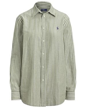 Ralph Lauren Klassiek Passend Gestreept Katoen-Linnen Shirt - Groen