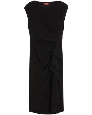 Max Mara Kleedjes ,Zwart ,Leer Midi-Jurk Met Pareo-Rok Met Hoge Taille En Asymmetrische Ruche Aan De Voorzijde