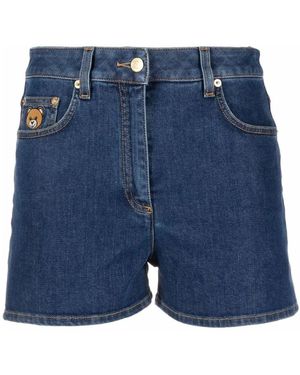 Moschino Korte Broeken ,Blauw ,Denim Denim Short Geborduurde Teddybeer