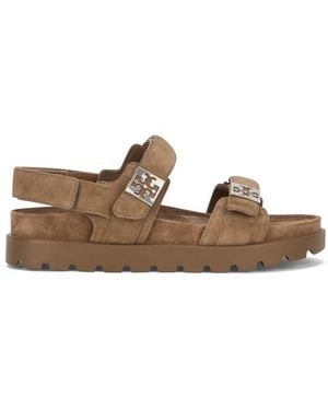 Tory Burch Schoenen ,Suède Suède Plateau Sandalen Met Double T Logo - Bruin
