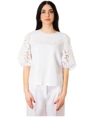 Max Mara Overhemden ,Wit ,Polyester Blouse Van Ramie Met Geborduurde Mouwen