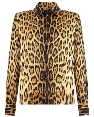 Roberto Cavalli Zijden Overhemd Met Jaguarprint - Bruin