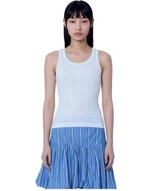 Ganni Tops ,Wit ,Katoen Compact Pointelle Rib Jersey Tank Top - Blauw