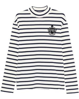 Balmain Gestreiftes Emblem Rundhalsausschnitt Langarm - Weiß