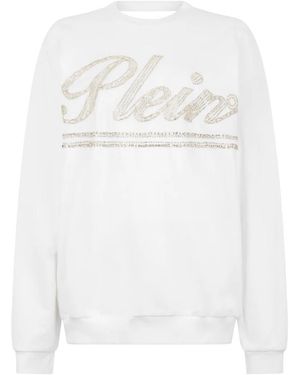 Philipp Plein Hoodies & Sweatvesten ,Wit ,Katoen Washed Open Back Sweatshirt Strass Signature