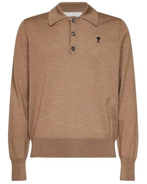 Ami Paris Tops ,Wol Wool Polo With De Coeur - Bruin