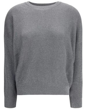 Brunello Cucinelli Lurex Ribbed Crew Neck Sweater - Grau