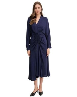 Sandro Ferrone Kleedjes ,Blauw ,Leer V-Hals Jurk Maxi Met Plooi