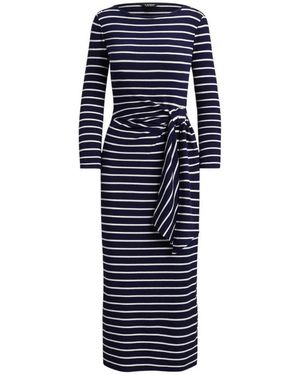 Ralph Lauren Kleedjes ,Blauw ,Katoen Midi-Jurk Met Gestreepte Strikdetail