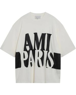 Ami Paris Tops ,Wit ,Oversize Fit 3/4 Mouwen T-Shirt Met Pr