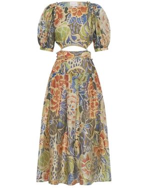 Ixiah Kleedjes ,Veelkleurig ,Linnen Bloemig Casablanca Midi Jurk - Metallic