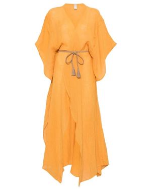 120% Lino Tunik-Leinenkleid Mit Crinkle-Effekt - Orange