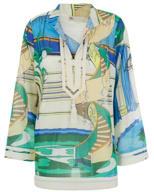 Tory Burch Overhemden ,Veelkleurig ,Katoen Jurk Met V-Hals En All-Over Print - Blauw