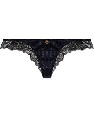 Versace Ondergoed ,Blauw ,Satijn Tanga Met Kanten Bies - Zwart