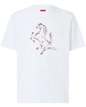 Ferrari Baumwoll-T-Shirt Mit Springendem Pferd-Print - Weiß