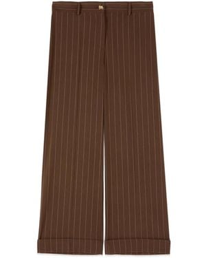 Oltre Gestreepte Cropped Linnenmix Broek - Bruin