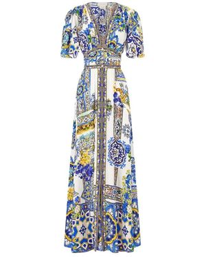 CAMILLA Kleedjes ,Veelkleurig ,Jurk Met Vormgegeven Tailleband En Pofmouwen - Blauw