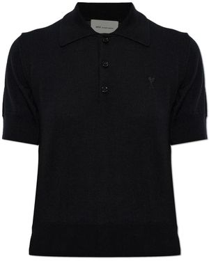 Ami Paris Tops ,Zwart ,Wol Wol Pique Met Geborduurd Logo