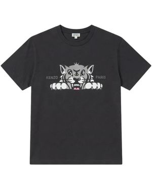 KENZO Happy Tiger T-Shirt Aus Bestickter Baumwolle - Schwarz