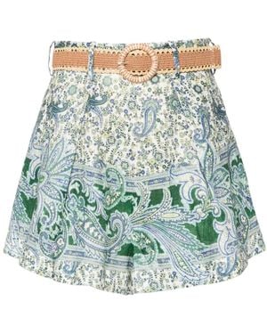 Zimmermann Ottie Paisley Print Belted Linen Shorts - Green