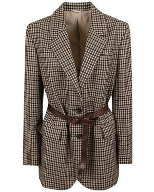 Brunello Cucinelli Jassen ,Wol Blazer Met Ruitpatroon En Ceintuur - Bruin