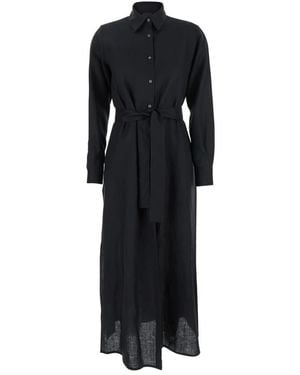 Plain Kleid Mit Klassischem Kragen Und Verstellbarem Rock Aus Leinen - Schwarz