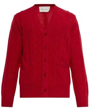 Ami Paris Truien & Vesten ,Rood ,Wol Kabelgebreide Wol Cardigan