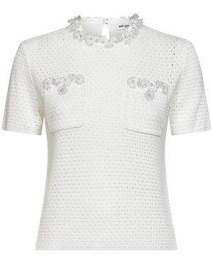 Self-Portrait Truien & Vesten ,Wit ,Katoen Knit Pearl Trim Top