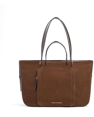 Piquadro Tassen ,Bruin ,Katoen Leren Laptoptas 14" Met Rfid-Bescherming