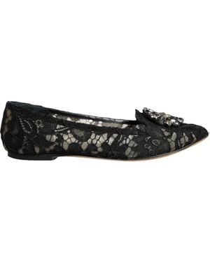 Dolce & Gabbana Lace Crystal Ballet Flats Loafer Shoes - Black