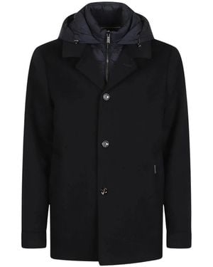 Moorer Jassen ,Blauw ,Wol Gecoate Wollen Jas Met Capuchon En Enkele Knoopsluiting - Zwart