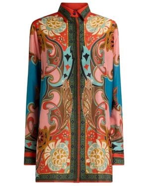 Etro Langes Baumwoll- Und Seidenhemd Mit Platziertem Druck - Orange