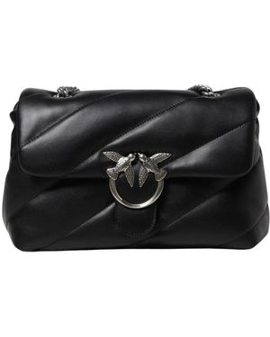 Pinko Stijlvolle Gewatteerde Leren Schoudertas Met Metalen Details En Kettingriem - Zwart