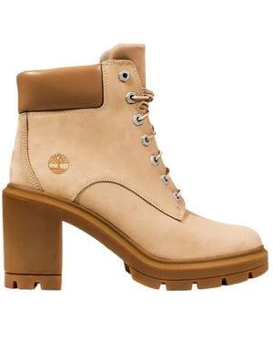 Timberland Schoenen ,Leer Enkellaarsjes Met Blokhak En Ronde Neus - Bruin