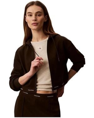 Calvin Klein Hoodies & Sweatvesten ,Bruin ,Katoen Cropped Logo Elastische Rits Hoodie