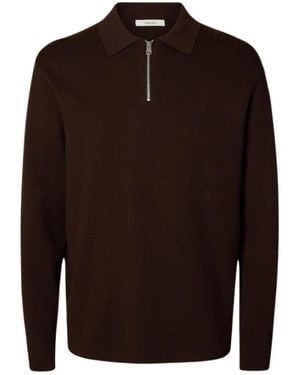 SELECTED Teller Half Zip Polo - Braun