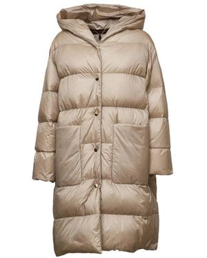Max Mara Jassen ,Leer Gewatteerde Midi-Jas Met Capuchon En All-Over Horizontale Strepen - Naturel