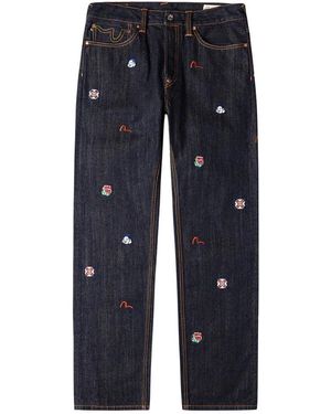 Evisu Allover Brand Embroidery Regular Fit Jeans - Blauw