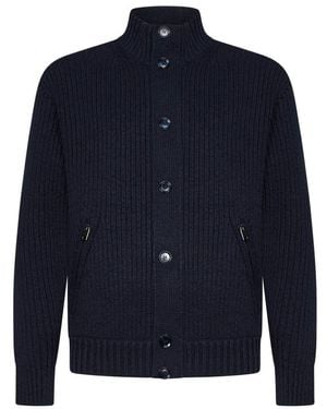 Brioni Blauer Baumwollmantel Mit Wildlederdetails