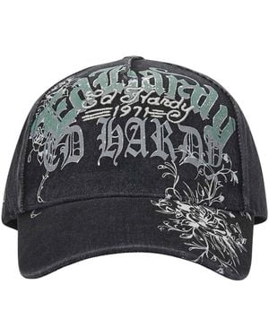 Ed Hardy Distressed Floral Gothic 6 Panel Trucker Cap - Grau