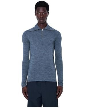Jil Sander Stretch Cotton Jersey Half-Zip Long Sleeve Top - Blauw