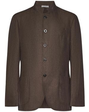 Boglioli Bruine Linnen Blazer Met Opstaande Kraag