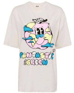 MSGM Graues baumwoll-jersey t-shirt mit druck - Weiß